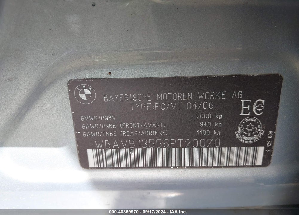 2006 BMW 325I VIN: WBAVB13556PT20070
