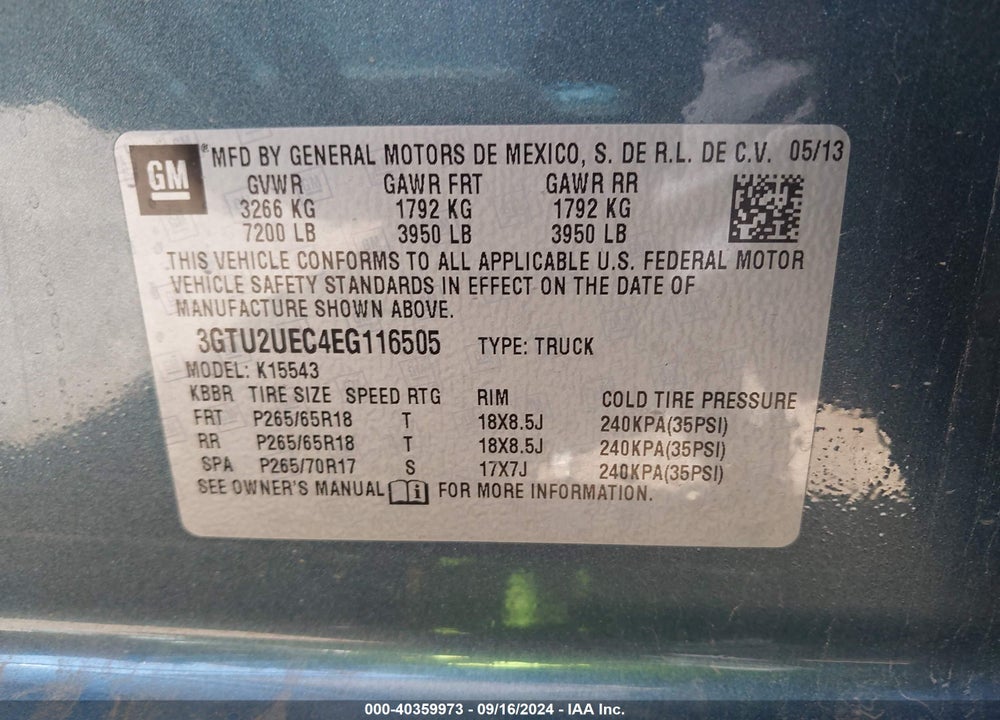 2014 GMC SIERRA 1500 SLE VIN: 3GTU2UEC4EG116505