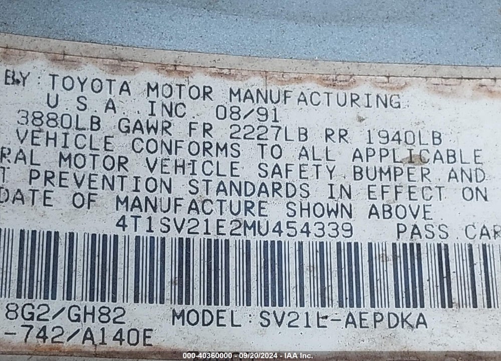 1991 TOYOTA CAMRY DLX VIN: 4T1SV21E2MU454339