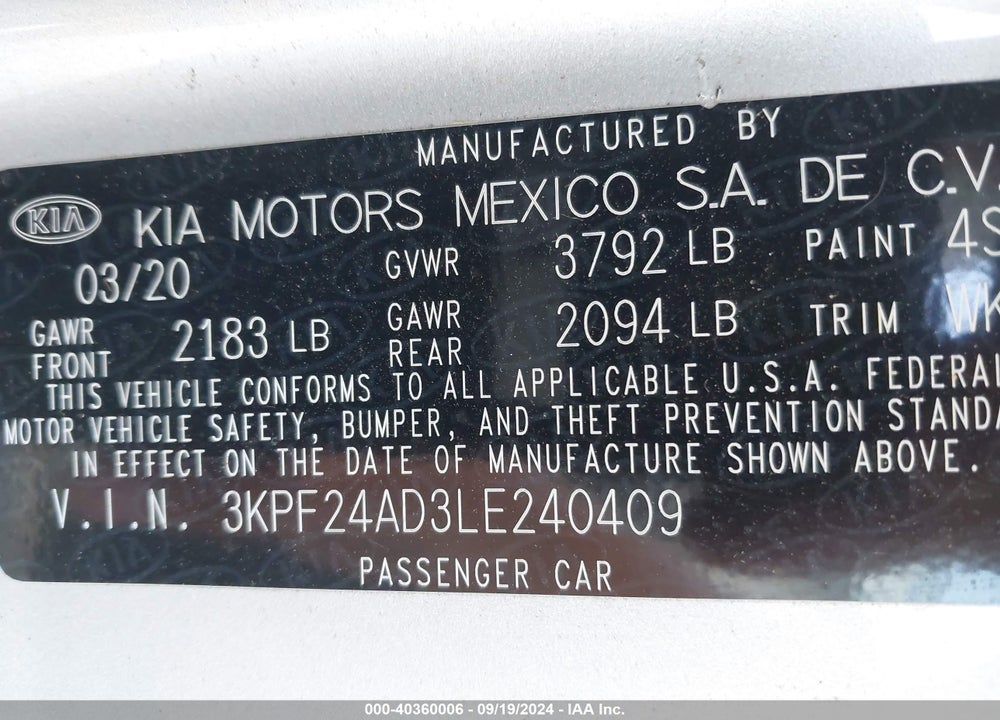 2020 KIA FORTE LXS VIN: 3KPF24AD3LE240409