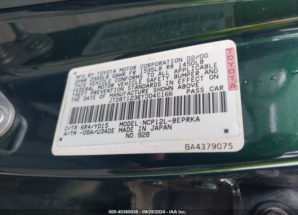 2000 TOYOTA ECHO VIN: JTDBT1238Y0046166