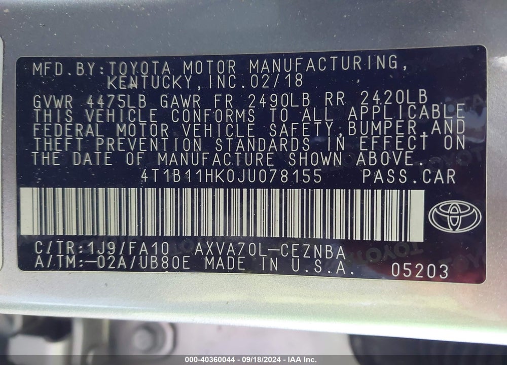 2018 TOYOTA CAMRY LE VIN: 4T1B11HK0JU078155
