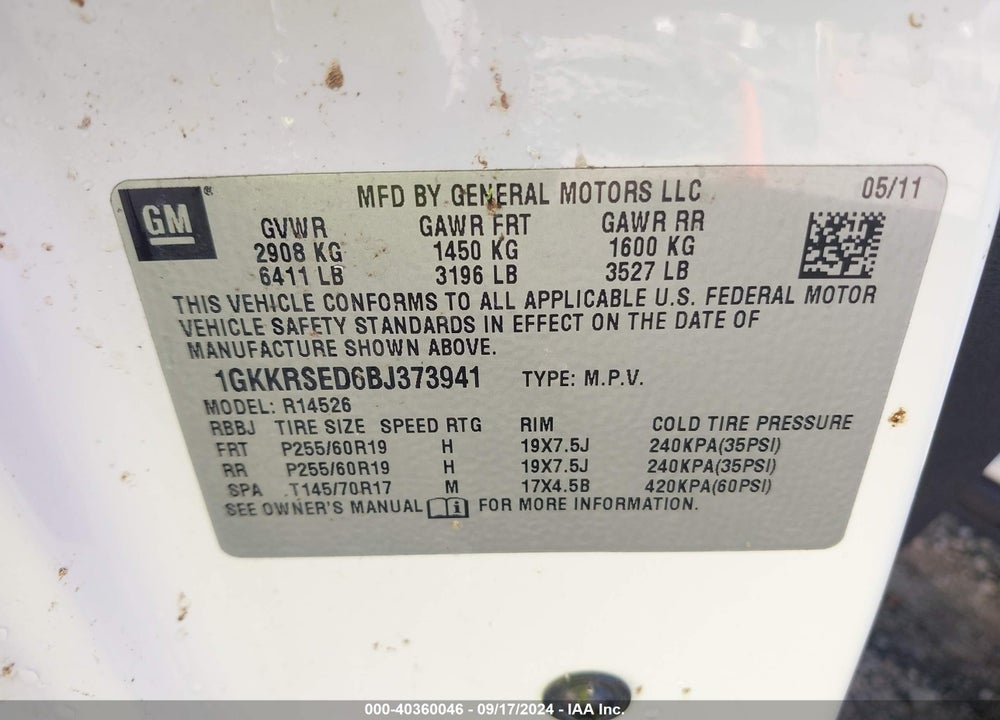 2011 GMC ACADIA SLT-2 VIN: 1GKKRSED6BJ373941