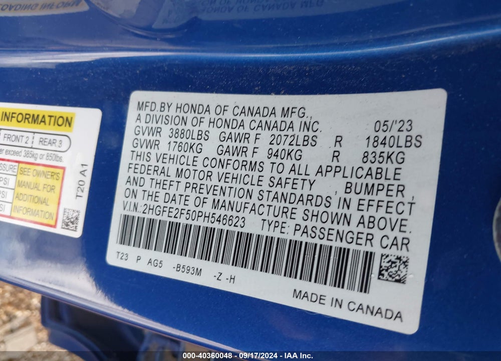 2023 HONDA CIVIC SPORT VIN: 2HGFE2F50PH546623