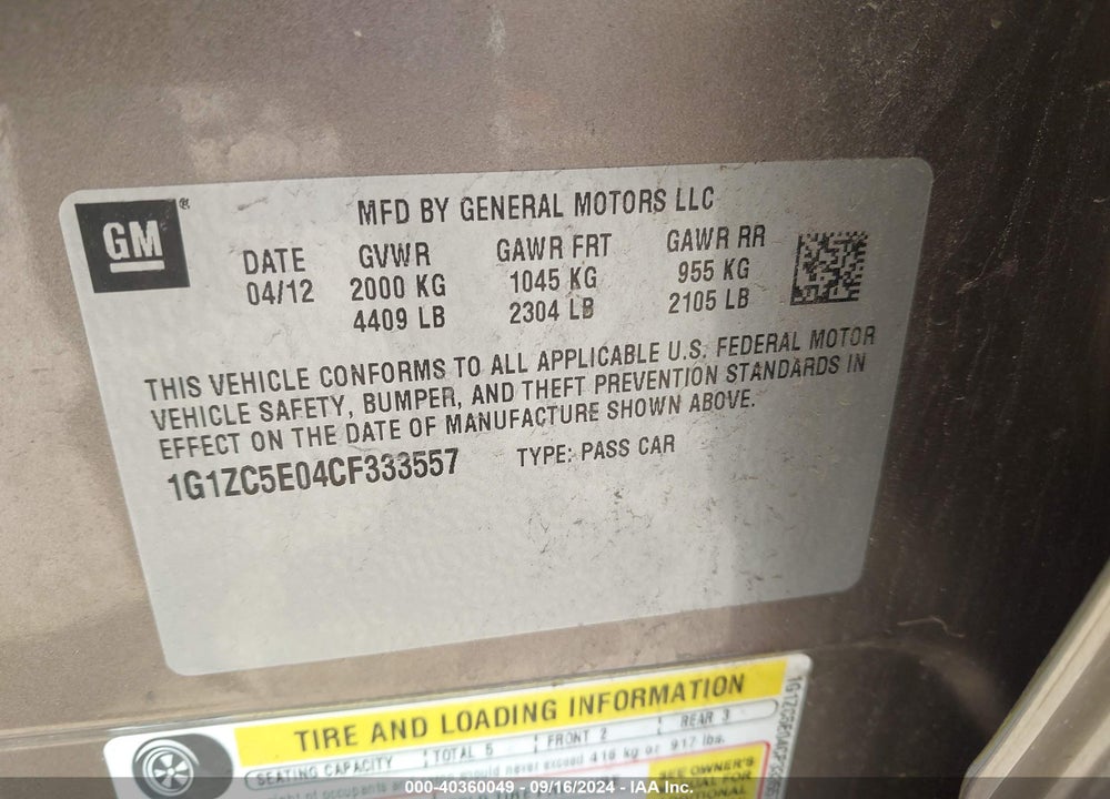 2012 CHEVROLET MALIBU 1LT VIN: 1G1ZC5E04CF333557