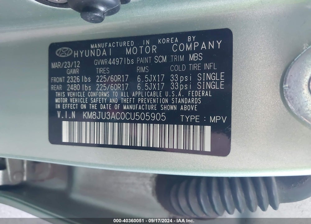 2012 HYUNDAI TUCSON GLS VIN: KM8JU3AC0CU505905