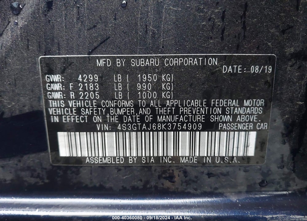 2019 SUBARU IMPREZA 2.0I SPORT VIN: 4S3GTAJ68K3754909