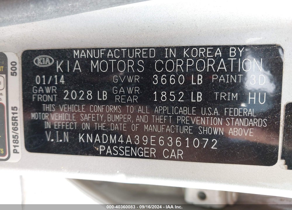 2014 KIA RIO LX VIN: KNADM4A39E6361072