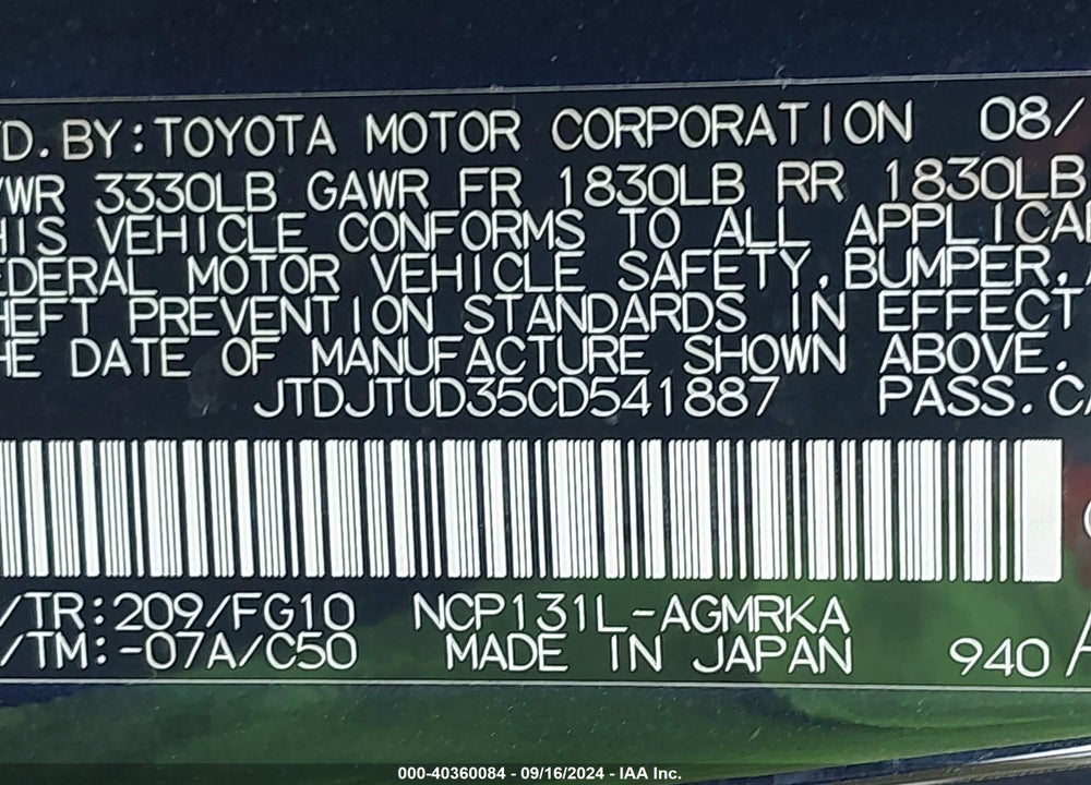 2012 TOYOTA YARIS L VIN: JTDJTUD35CD541887