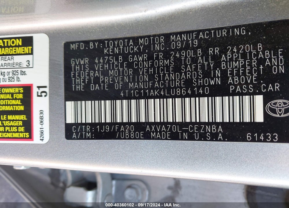 2020 TOYOTA CAMRY LE VIN: 4T1C11AK4LU864140