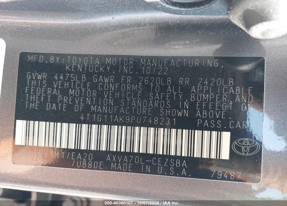 2023 TOYOTA CAMRY SE VIN: 4T1G11AK9PU748231