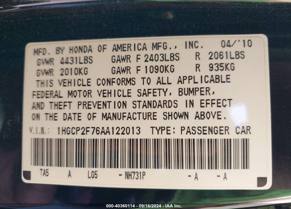 2010 HONDA ACCORD 2.4 EX VIN: 1HGCP2F76AA122013