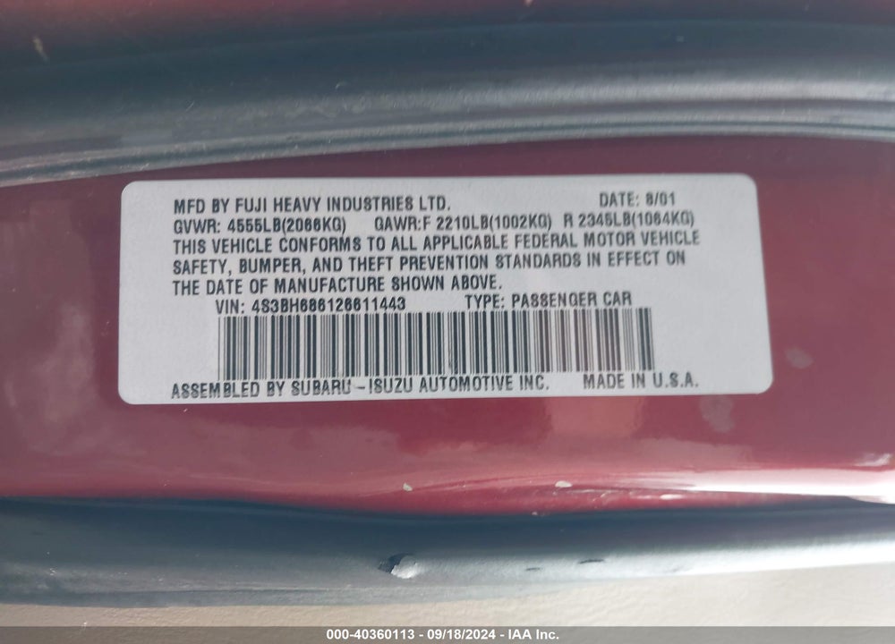 2002 SUBARU OUTBACK LIMITED VIN: 4S3BH686126611443