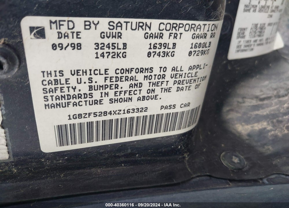 1999 SATURN SL VIN: 1G8ZF5284XZ163322