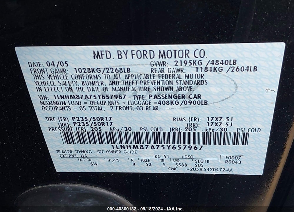 2005 LINCOLN LS V8 VIN: 1LNHM87A75Y657967