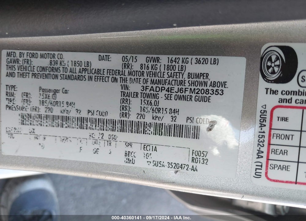 2015 FORD FIESTA SE VIN: 3FADP4EJ6FM208353