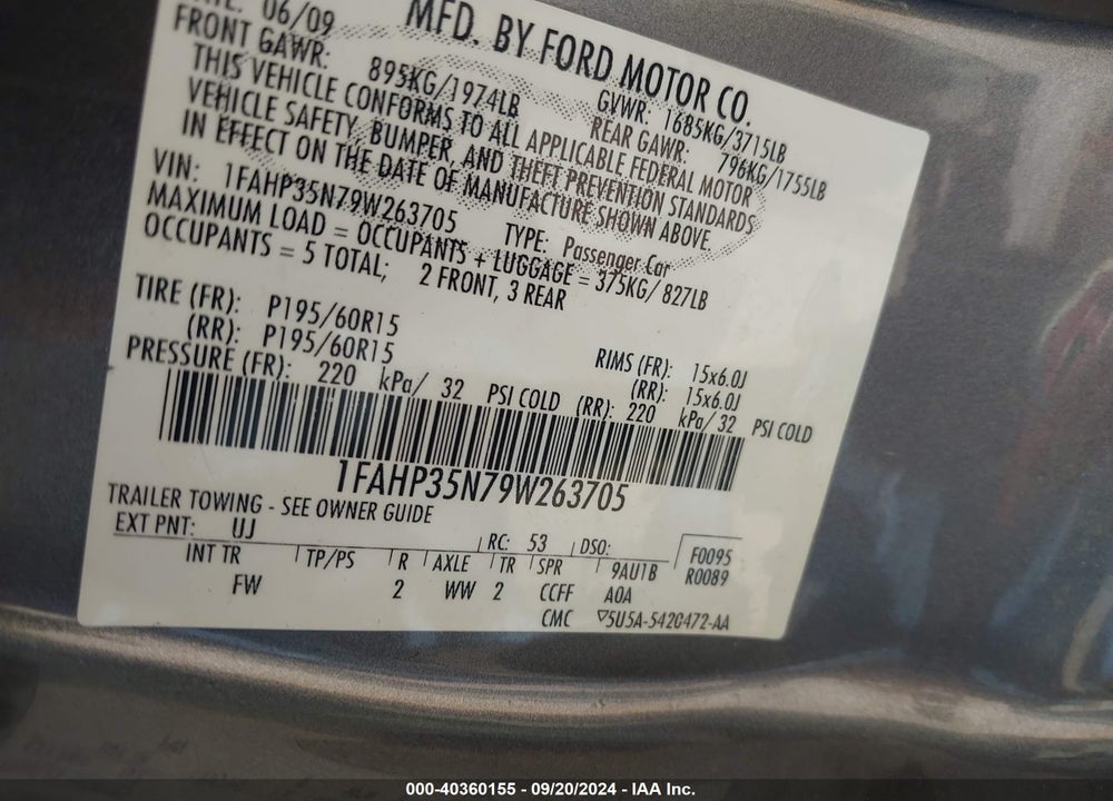2009 FORD FOCUS SE VIN: 1FAHP35N79W263705