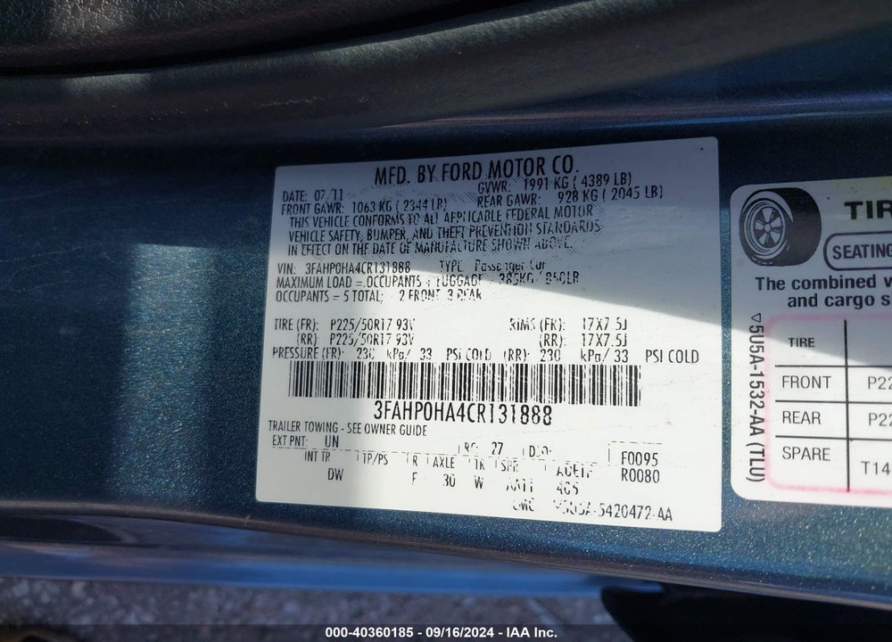2012 FORD FUSION SE VIN: 3FAHP0HA4CR131888
