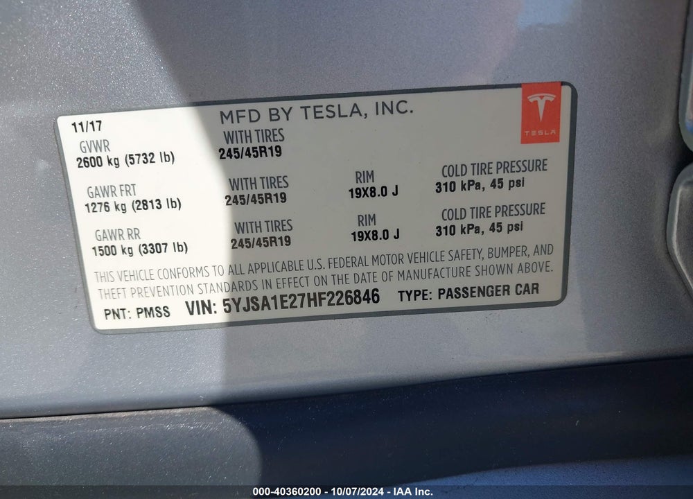 2017 TESLA MODEL S 100D/60D/75D/90D/P100D VIN: 5YJSA1E27HF226846