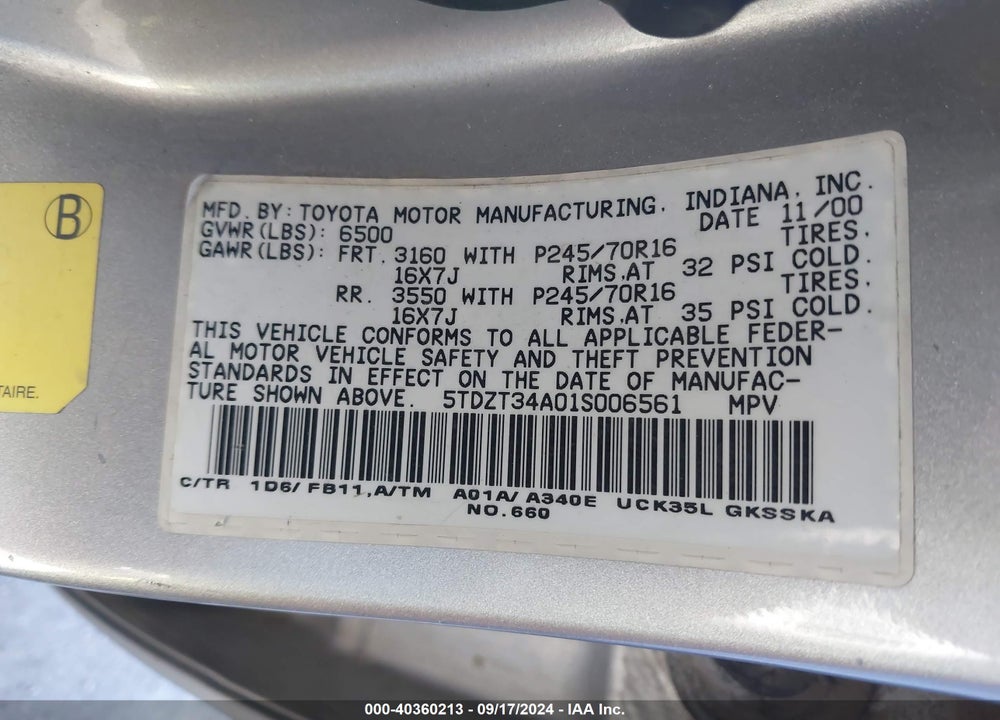 2001 TOYOTA SEQUOIA SR5 V8 VIN: 5TDZT34A01S006561