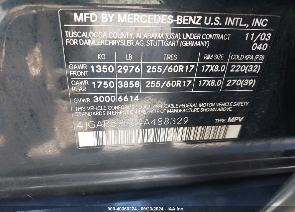 2004 MERCEDES-BENZ ML 350 4MATIC VIN: 4JGAB57E64A488329