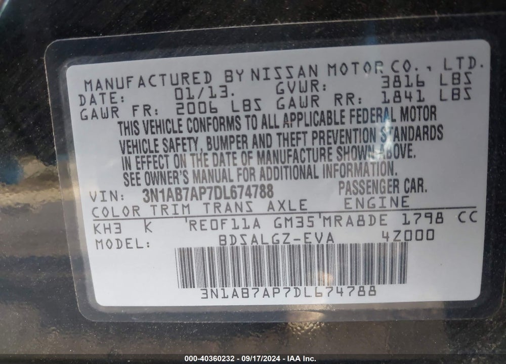 2013 NISSAN SENTRA SL VIN: 3N1AB7AP7DL674788