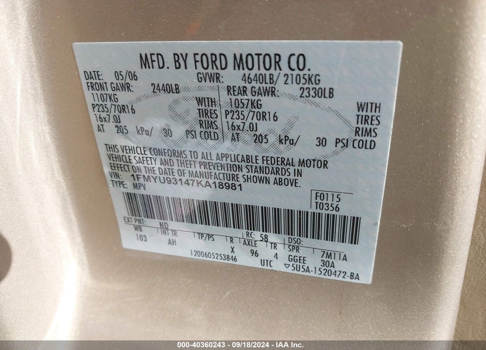 2007 FORD ESCAPE XLT/XLT SPORT VIN: 1FMYU93147KA18981