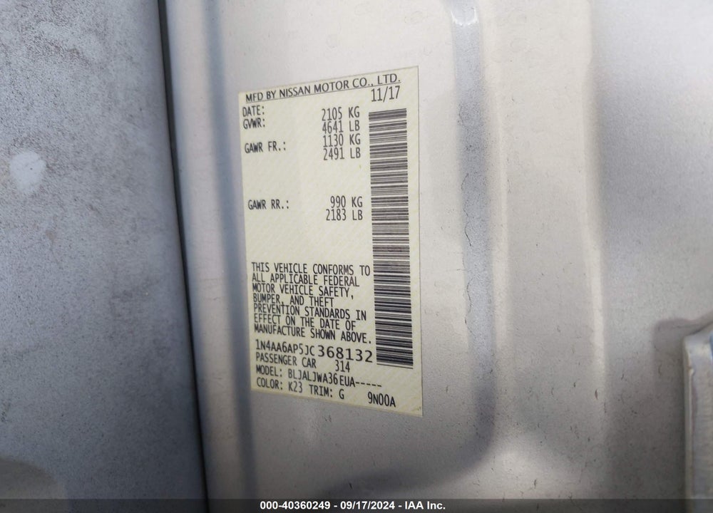 2018 NISSAN MAXIMA 3.5 SV VIN: 1N4AA6AP5JC368132