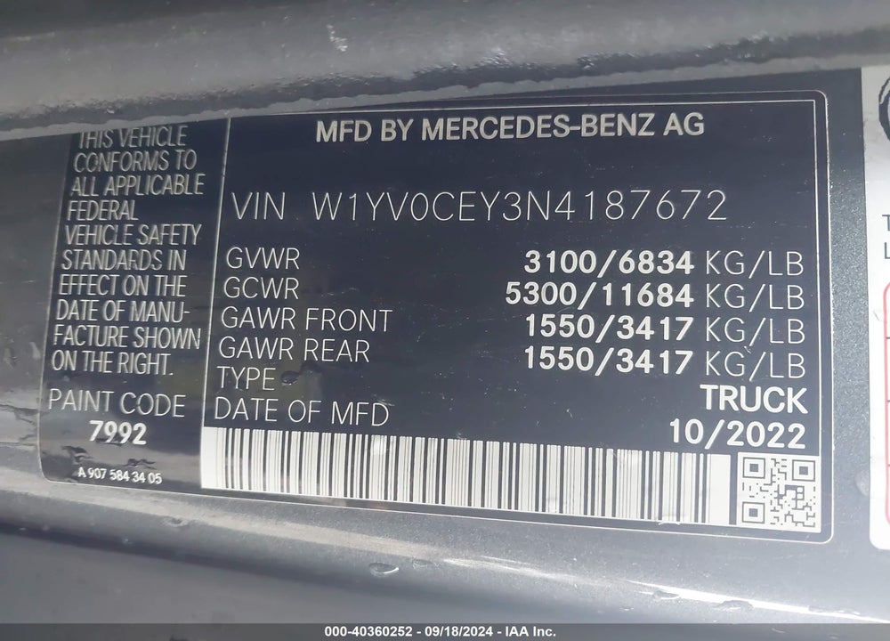 2022 MERCEDES-BENZ METRIS VIN: W1YV0CEY3N4187672