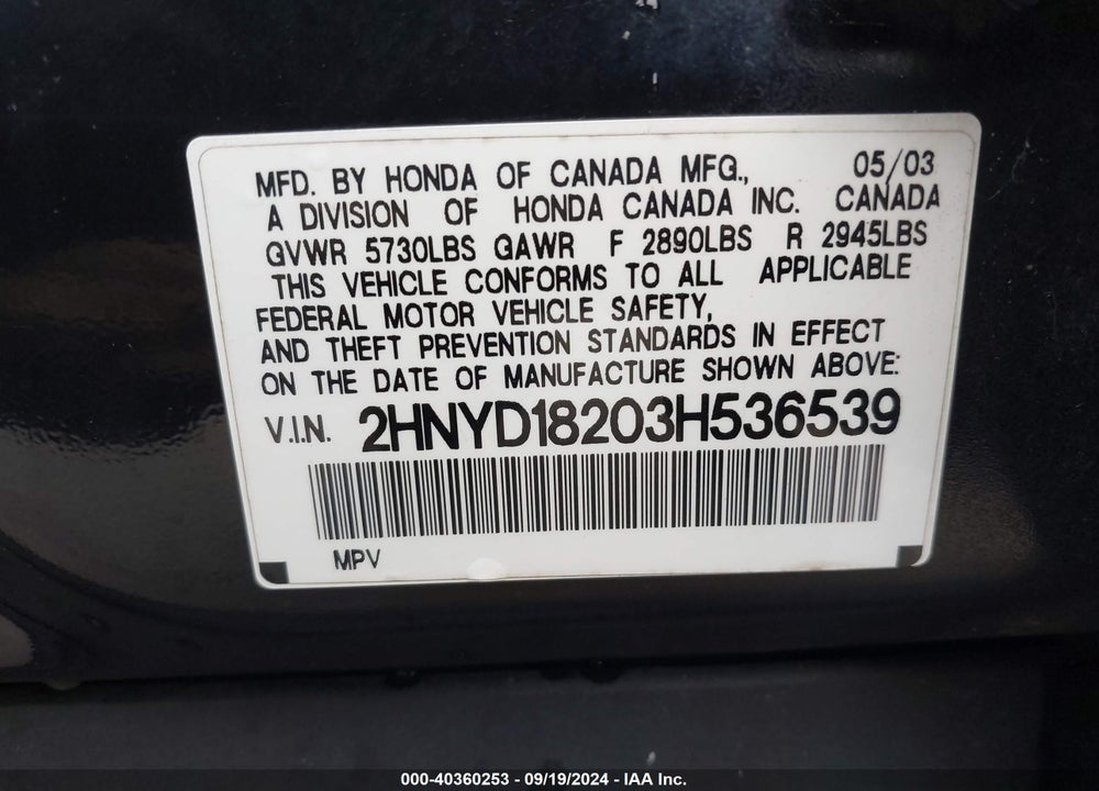 2003 ACURA MDX VIN: 2HNYD18203H536539