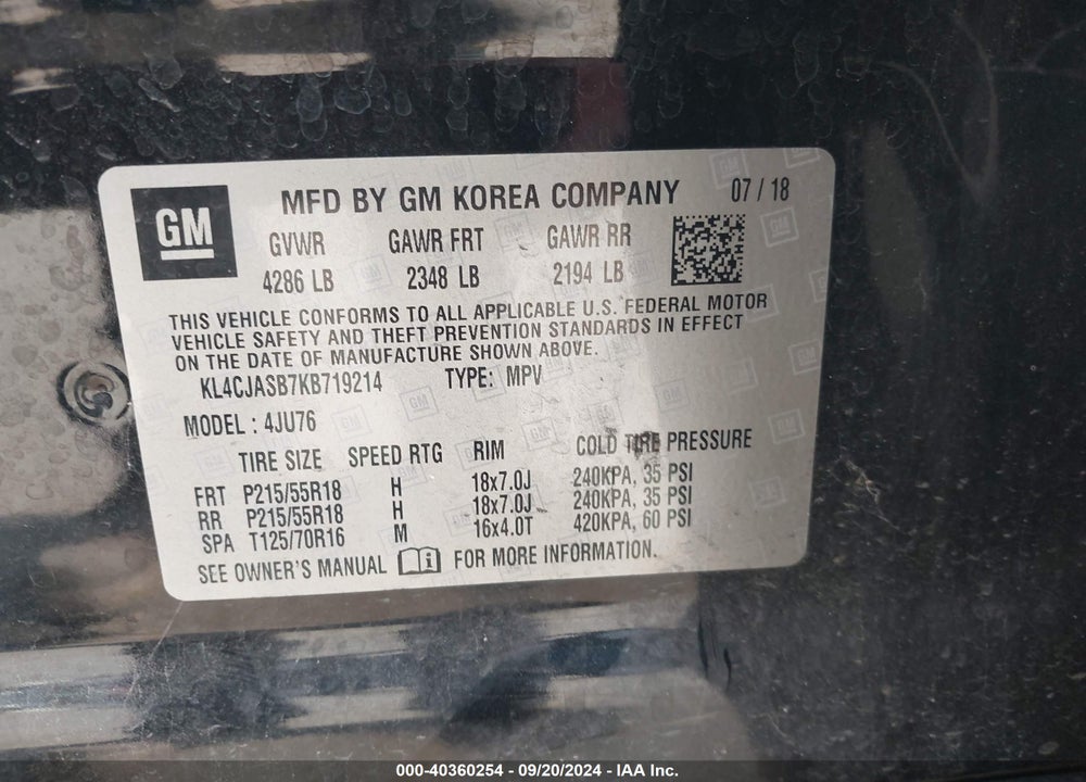 2019 BUICK ENCORE FWD PREFERRED VIN: KL4CJASB7KB719214