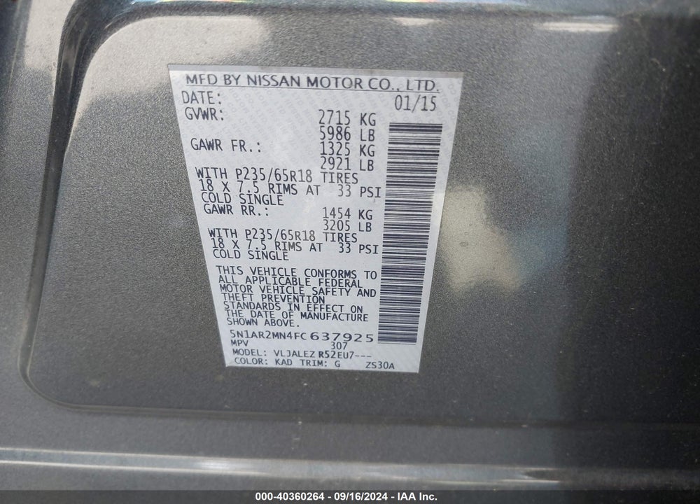 2015 NISSAN PATHFINDER PLATINUM/S/SL/SV VIN: 5N1AR2MN4FC637925
