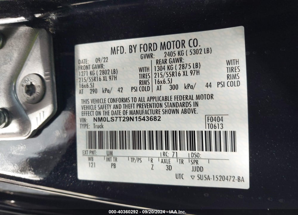 2022 FORD TRANSIT CONNECT XLT VIN: NM0LS7T29N1543682
