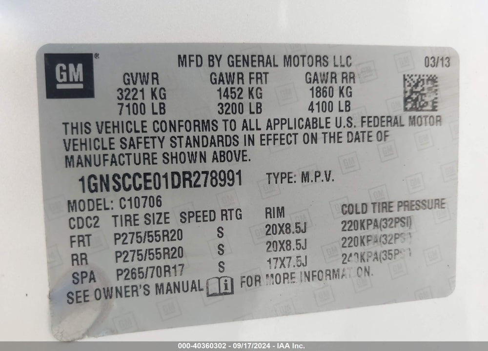 2013 CHEVROLET TAHOE LTZ VIN: 1GNSCCE01DR278991