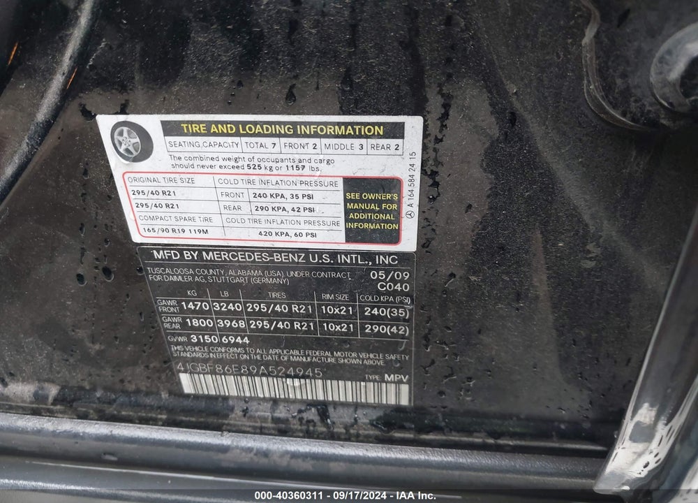 2009 MERCEDES-BENZ GL 550 4MATIC VIN: 4JGBF86E89A524945