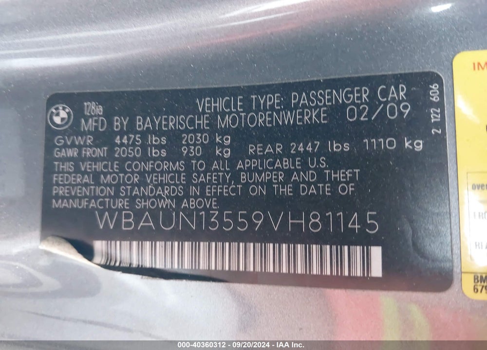 2009 BMW 128I VIN: WBAUN13559VH81145