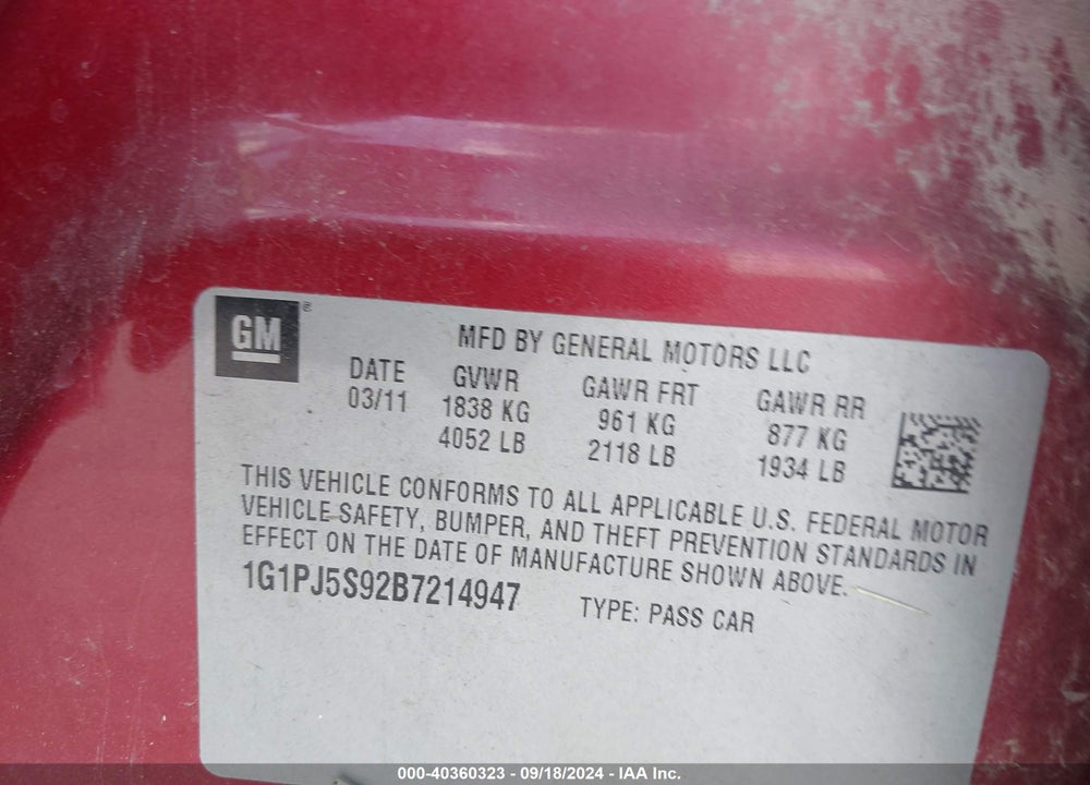 2011 CHEVROLET CRUZE ECO VIN: 1G1PJ5S92B7214947