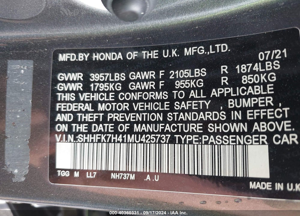 2021 HONDA CIVIC SPORT VIN: SHHFK7H41MU425737