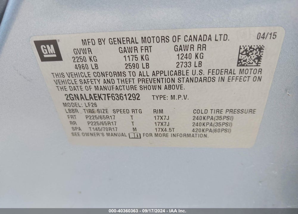 2015 CHEVROLET EQUINOX LS VIN: 2GNALAEK7F6361292