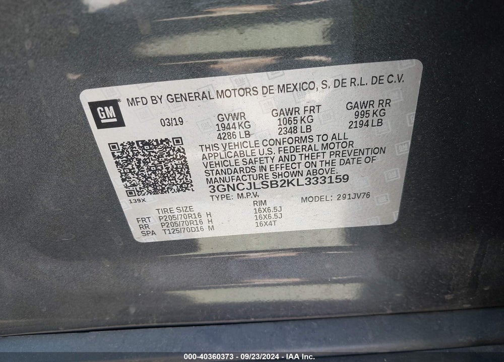 2019 CHEVROLET TRAX LT VIN: 3GNCJLSB2KL333159