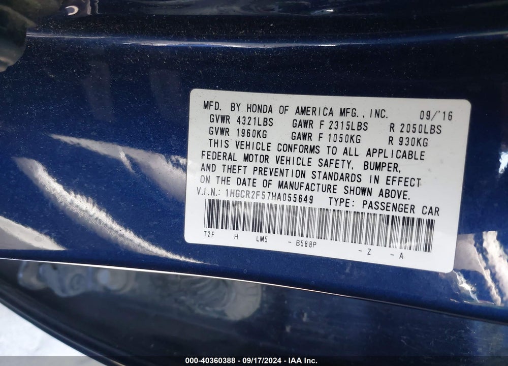 2017 HONDA ACCORD SPORT VIN: 1HGCR2F57HA055649