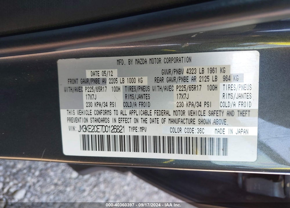 2013 MAZDA CX-5 TOURING VIN: JM3KE2CE7D0126821