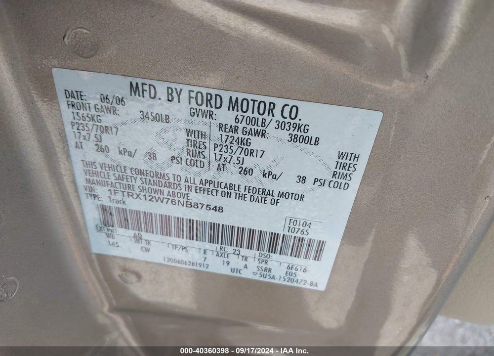 2006 FORD F-150 STX/XL/XLT VIN: 1FTRX12W76NB87548