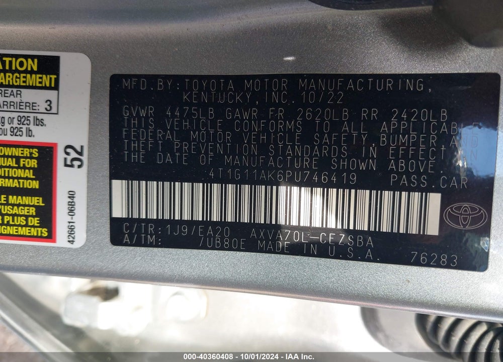 2023 TOYOTA CAMRY SE VIN: 4T1G11AK6PU746419