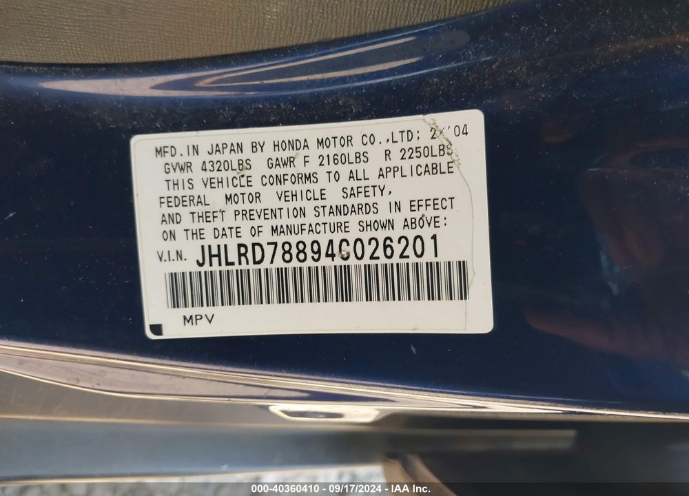 2004 HONDA CR-V EX VIN: JHLRD78894C026201