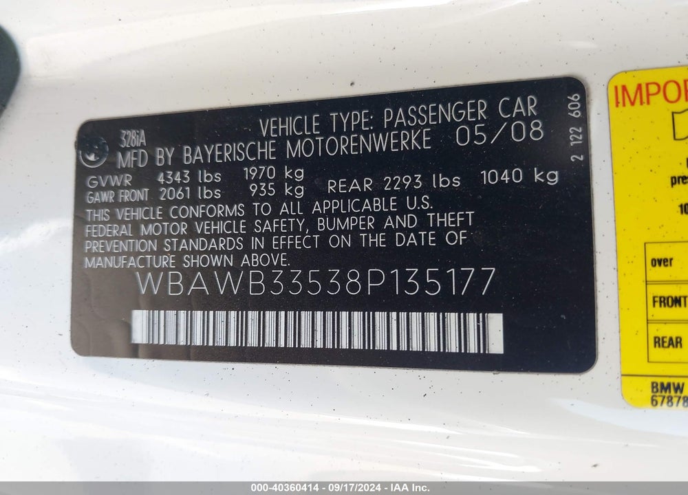 2008 BMW 328I VIN: WBAWB33538P135177