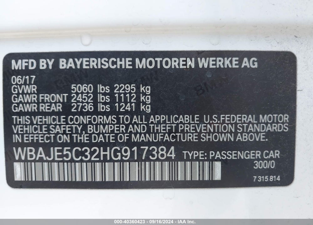 2017 BMW 540I VIN: WBAJE5C32HG917384