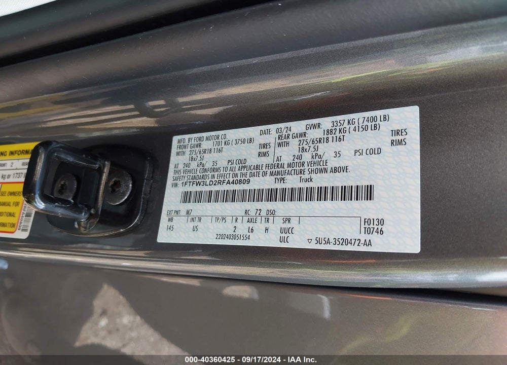 2024 FORD F-150 XLT VIN: 1FTFW3LD2RFA40809