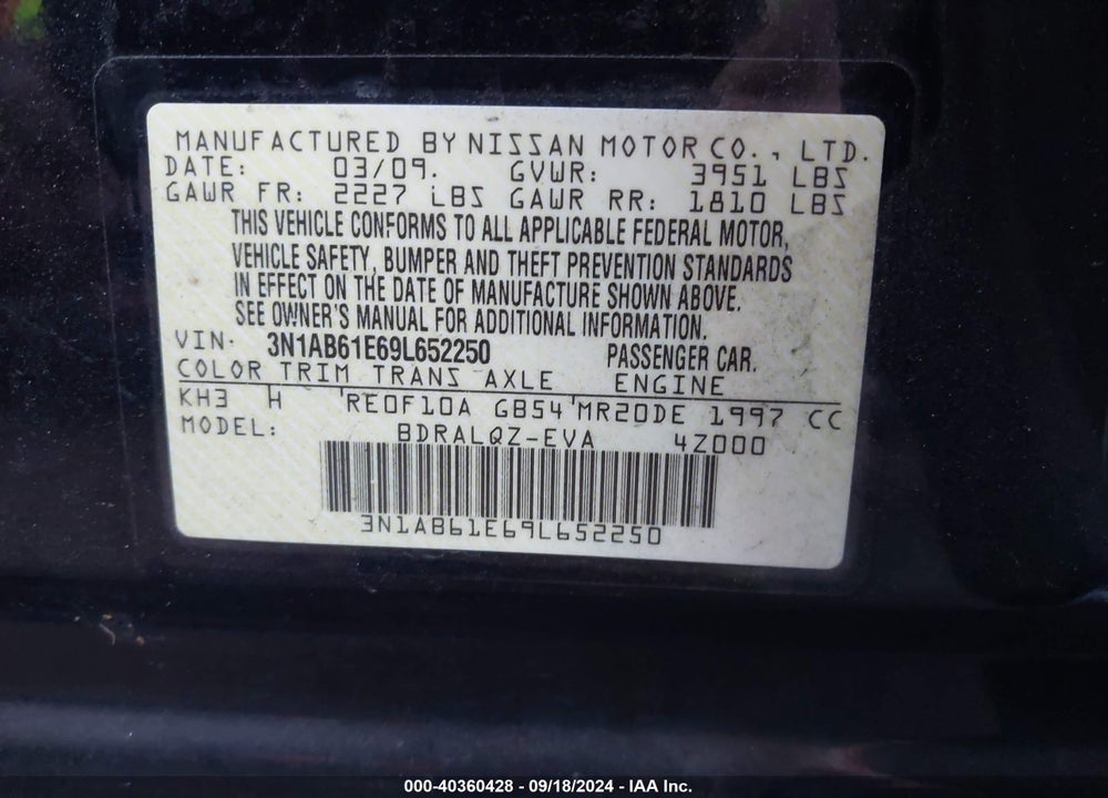 2009 NISSAN SENTRA 2.0 VIN: 3N1AB61E69L652250