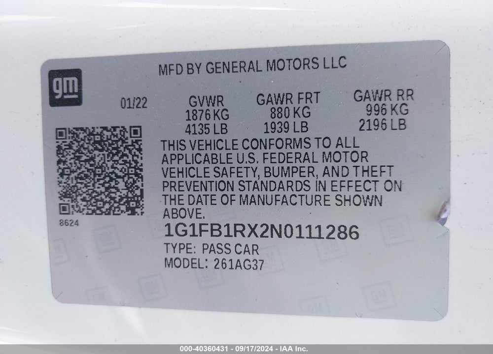 2022 CHEVROLET CAMARO RWD 1LT VIN: 1G1FB1RX2N0111286